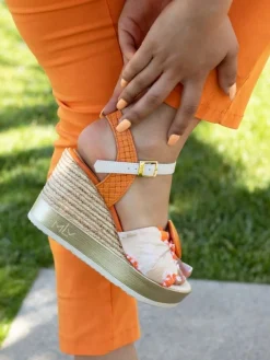 Sandálias Com Cunha Alta Laranja Para Mulher Poly29